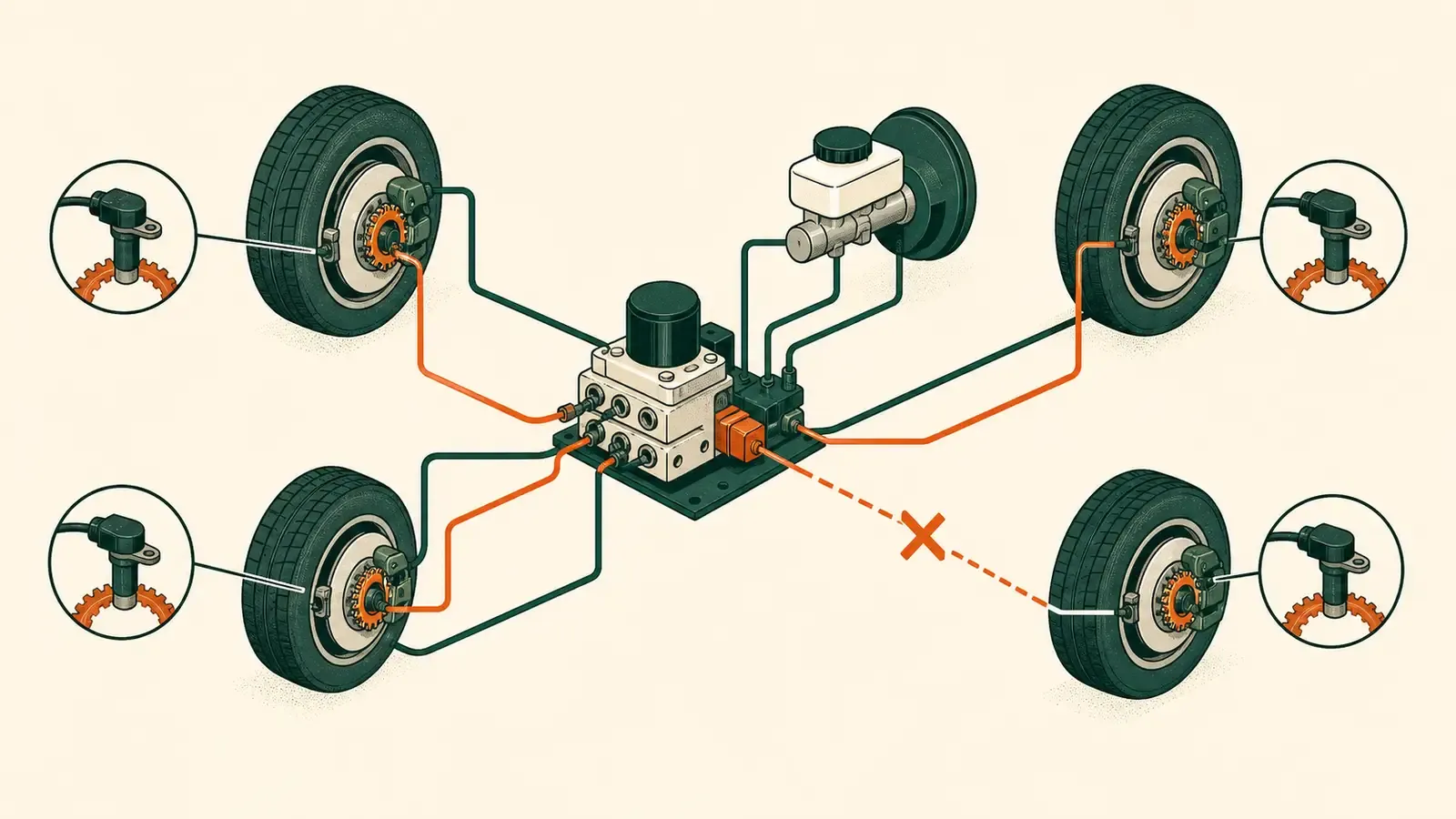 Flat technical diagram illustrating what does the abs warning light mean
