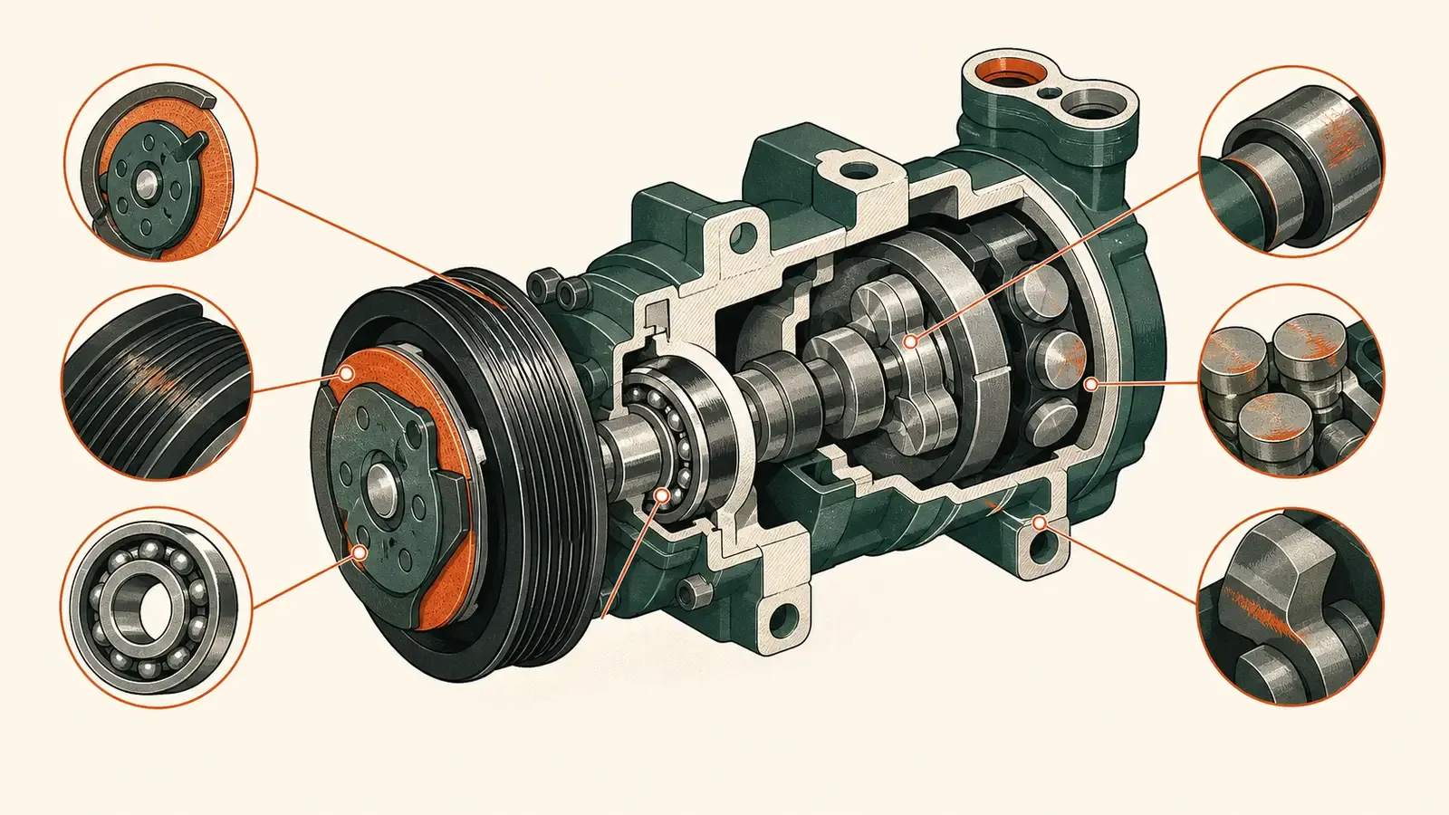 Flat technical diagram illustrating aircond compressor failure signs