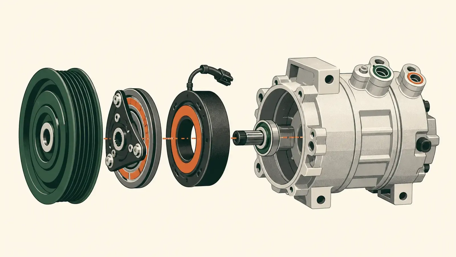 Flat technical illustration: an air-conditioning compressor and its drive pulley, the components covered by aircond compressor replacement