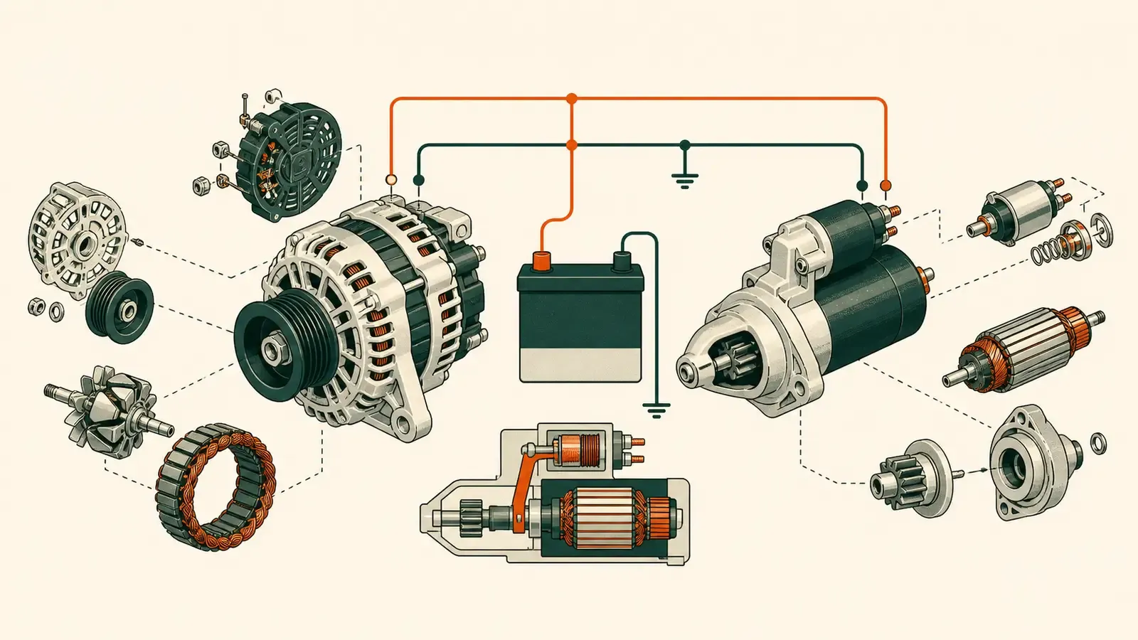 Flat technical illustration: an alternator and starter motor on the charging circuit, the components covered by alternator and starter repair