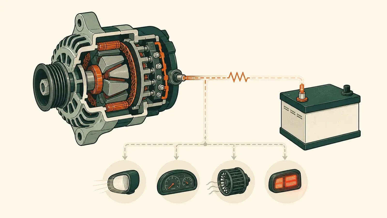 Flat technical diagram illustrating signs of a bad alternator