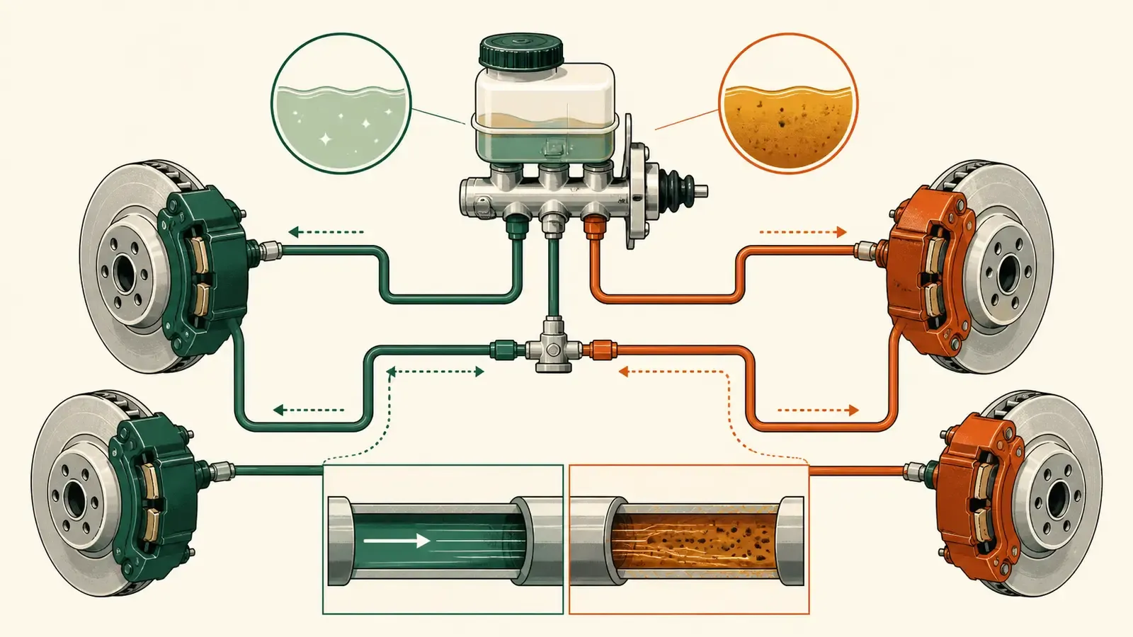 Flat technical diagram illustrating when should brake fluid be changed