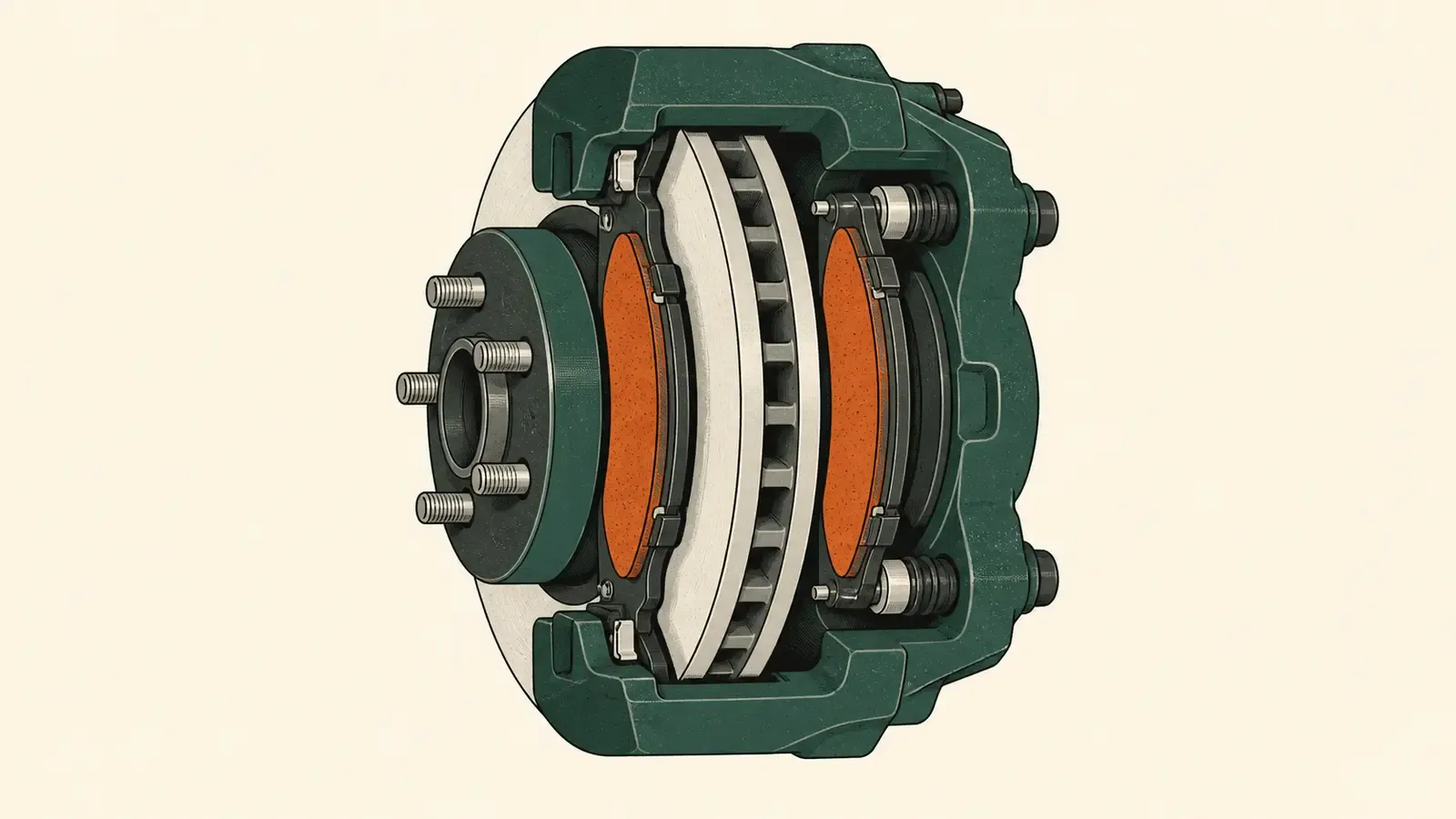 Flat technical illustration: a brake caliper with the pads and disc exposed, the components covered by brake pad replacement
