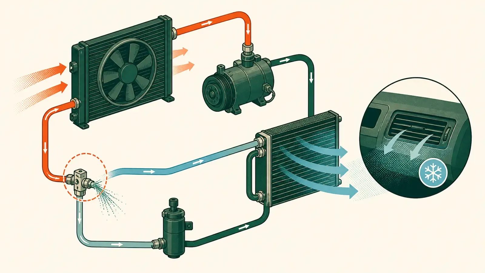 Flat technical diagram illustrating why is my car aircond not cold