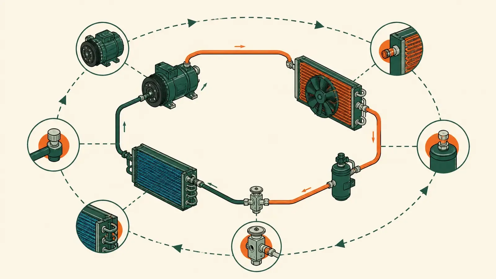 Flat technical diagram illustrating how often should car aircond be serviced