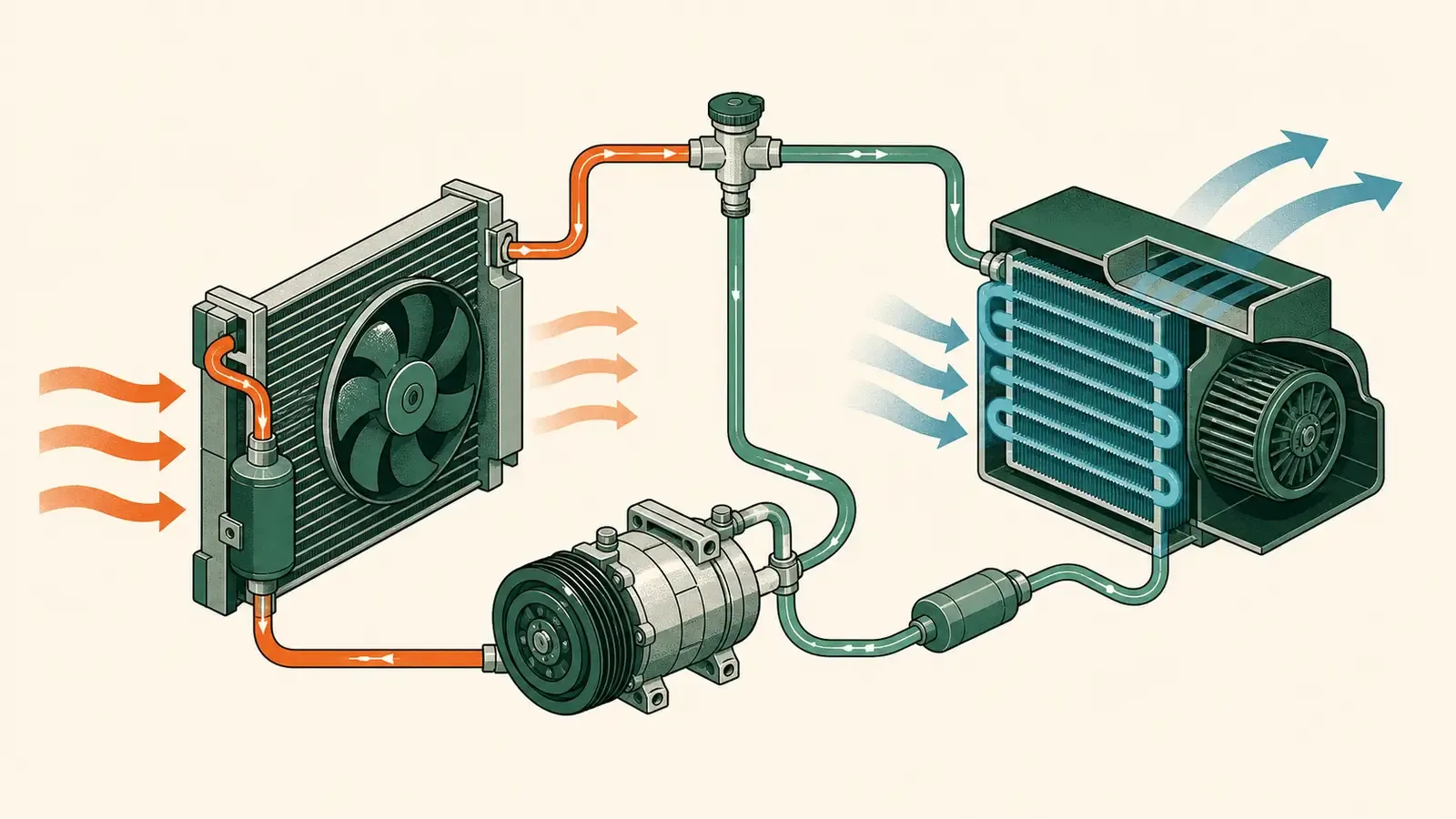 Flat technical illustration: a car air-conditioning circuit with condenser, compressor and evaporator, the components covered by car air conditioning service