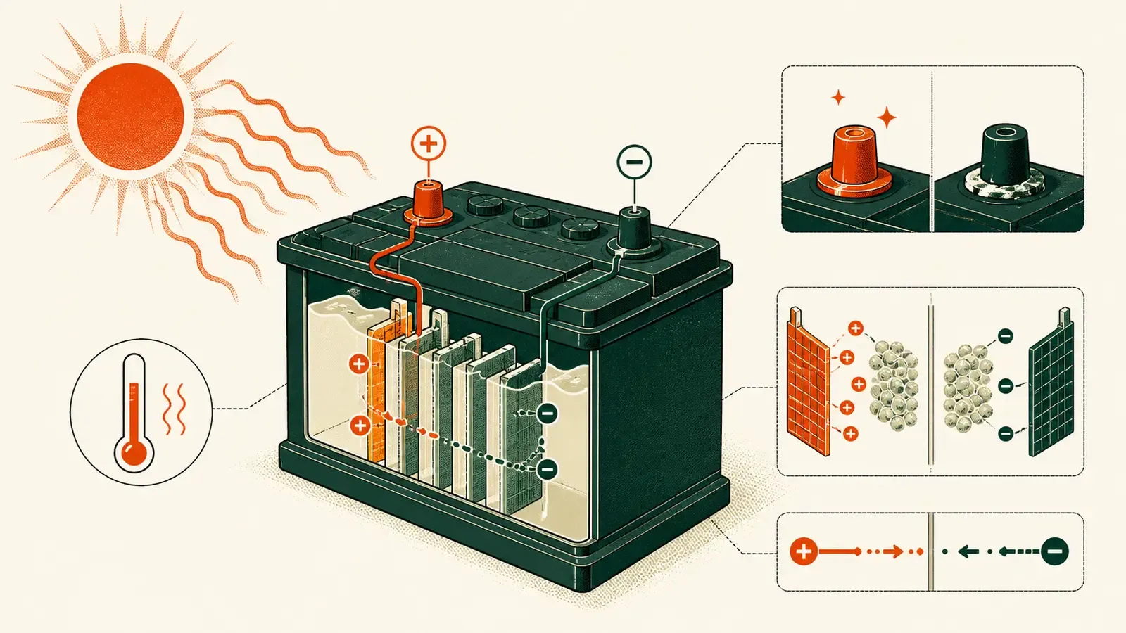 Flat technical diagram illustrating car battery lifespan in malaysia
