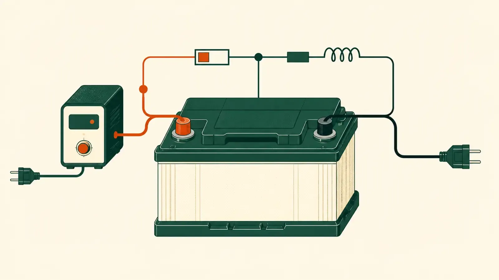 Flat technical illustration: a car battery with its terminals and cable clamps, the components covered by car battery replacement