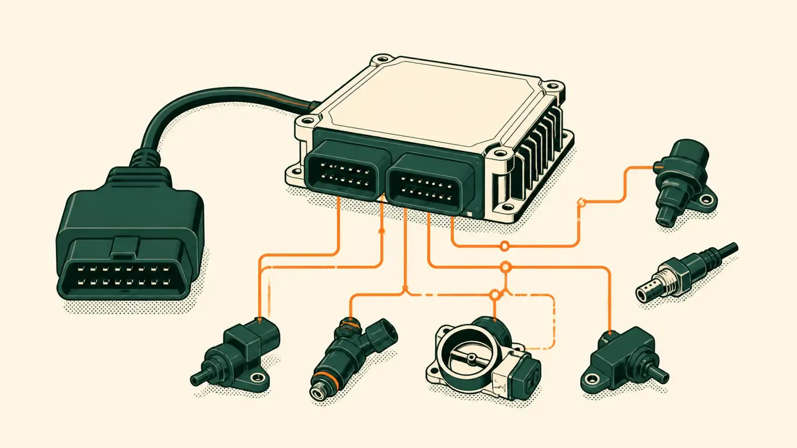 Flat technical illustration: an OBD port linked to the engine control unit and its sensors, the components covered by car diagnostic inspection