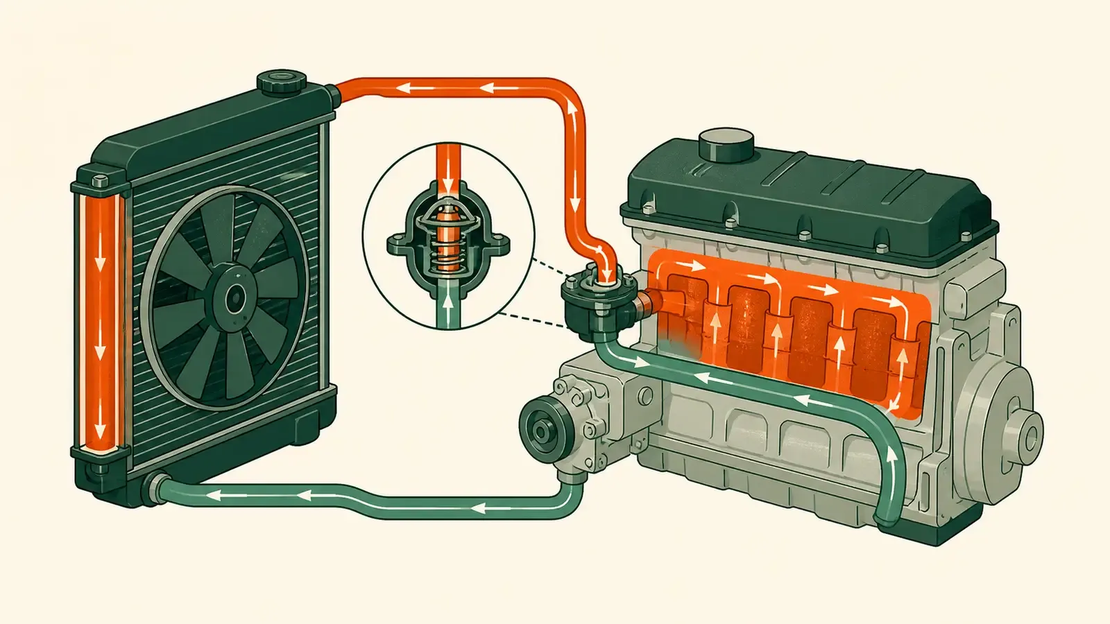 Flat technical diagram illustrating what to do when your car overheats
