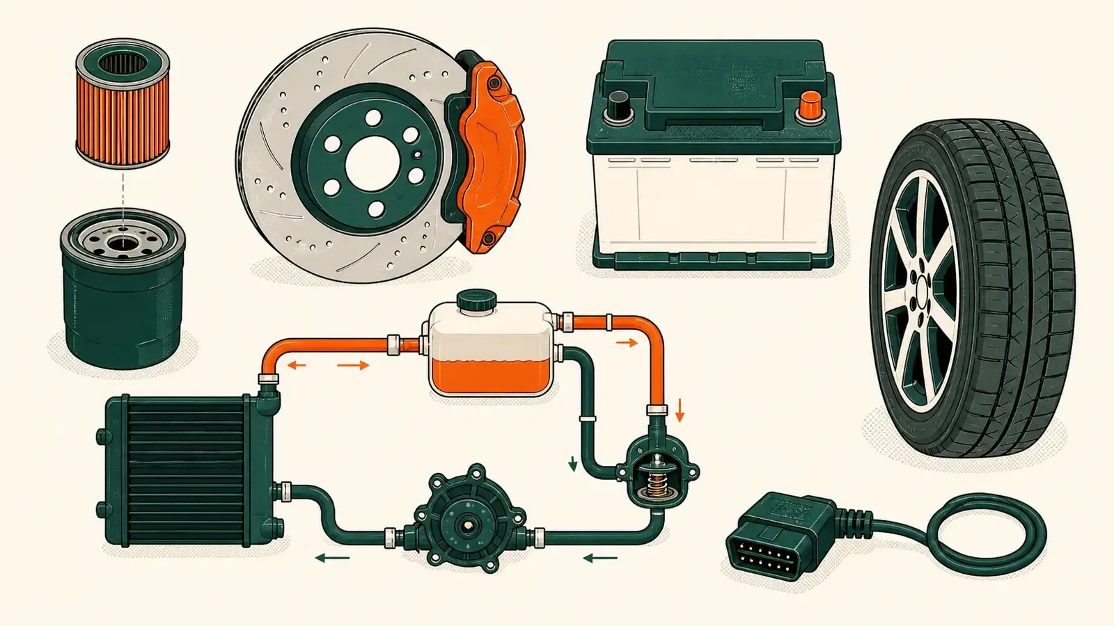 Flat technical diagram illustrating car service checklist