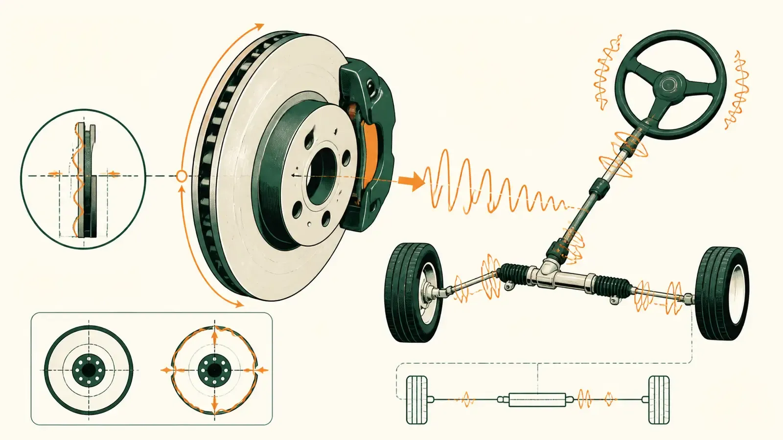 Flat technical diagram illustrating why does my car shake when braking