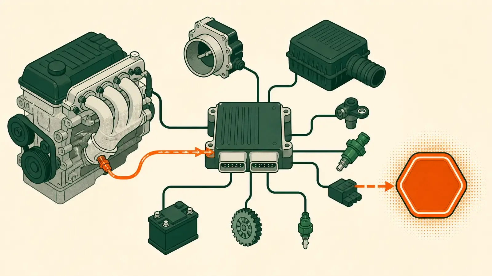 Flat technical diagram illustrating what does the check engine light mean