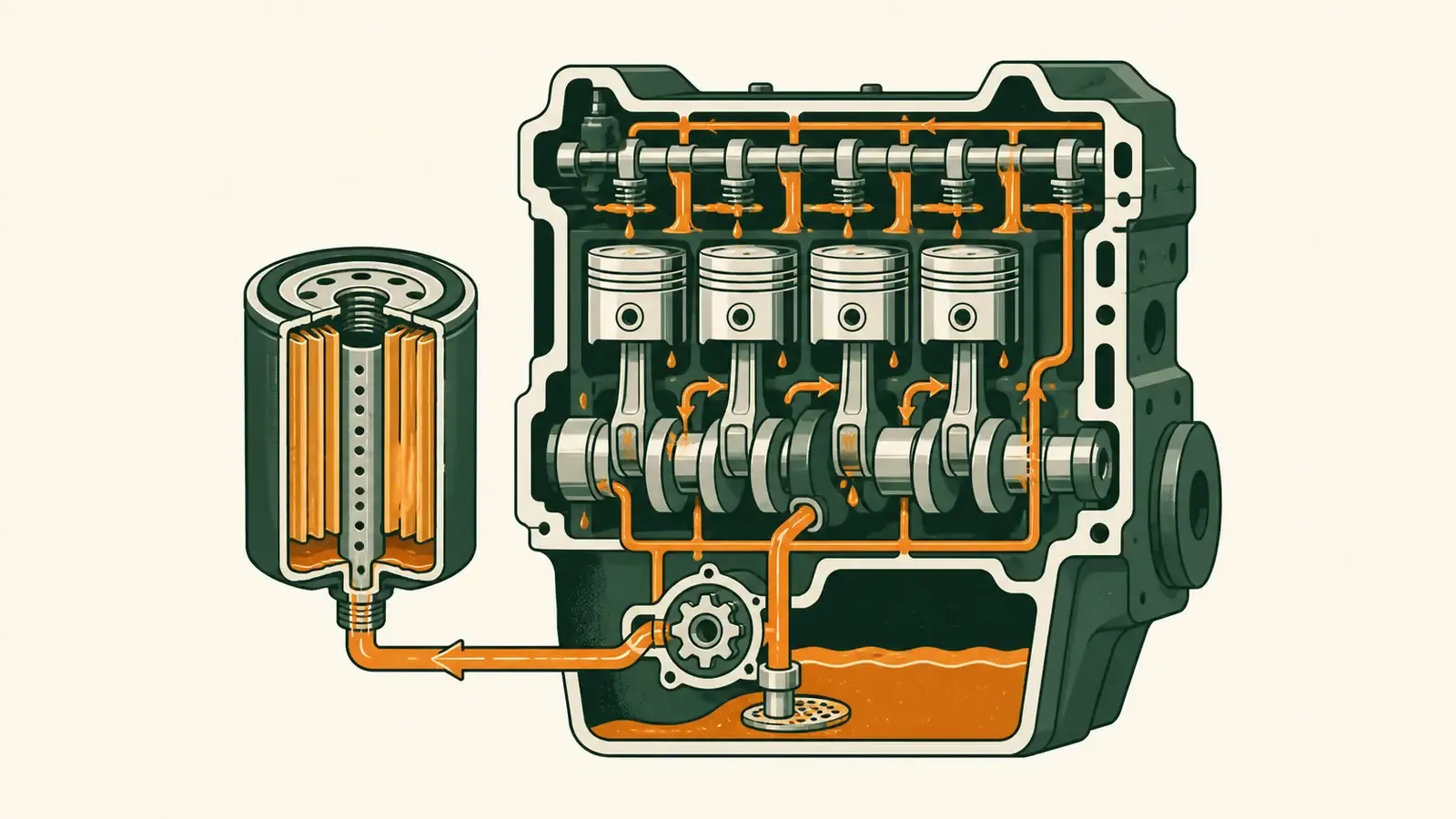 Flat technical illustration: an oil filter, sump plug and draining engine oil, the components covered by engine oil and filter change