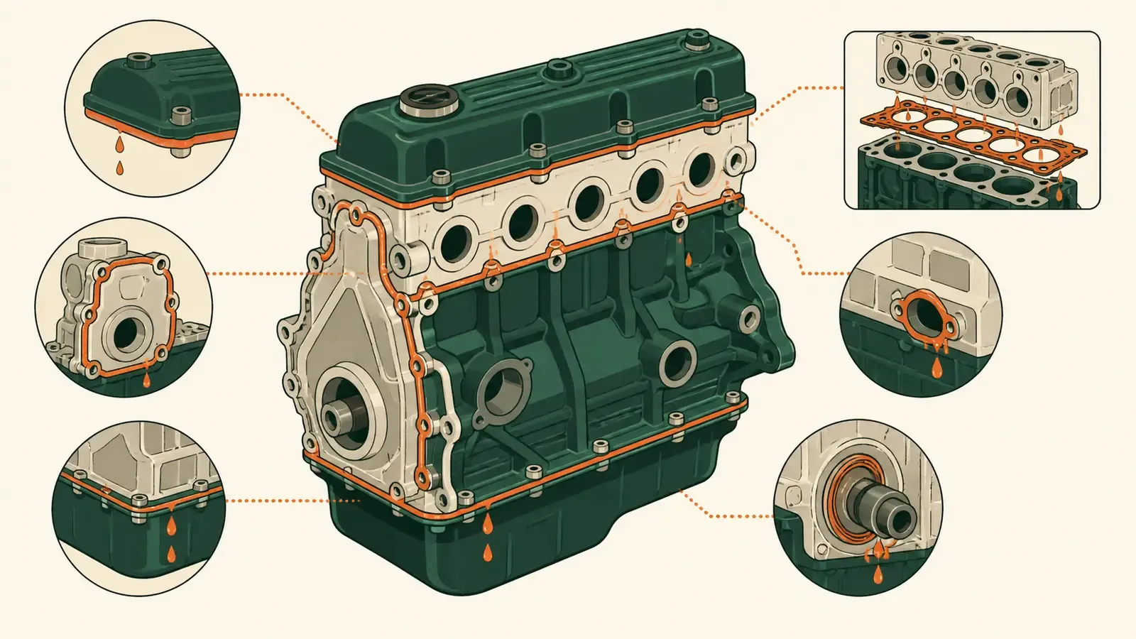 Flat technical diagram illustrating signs of an engine oil leak