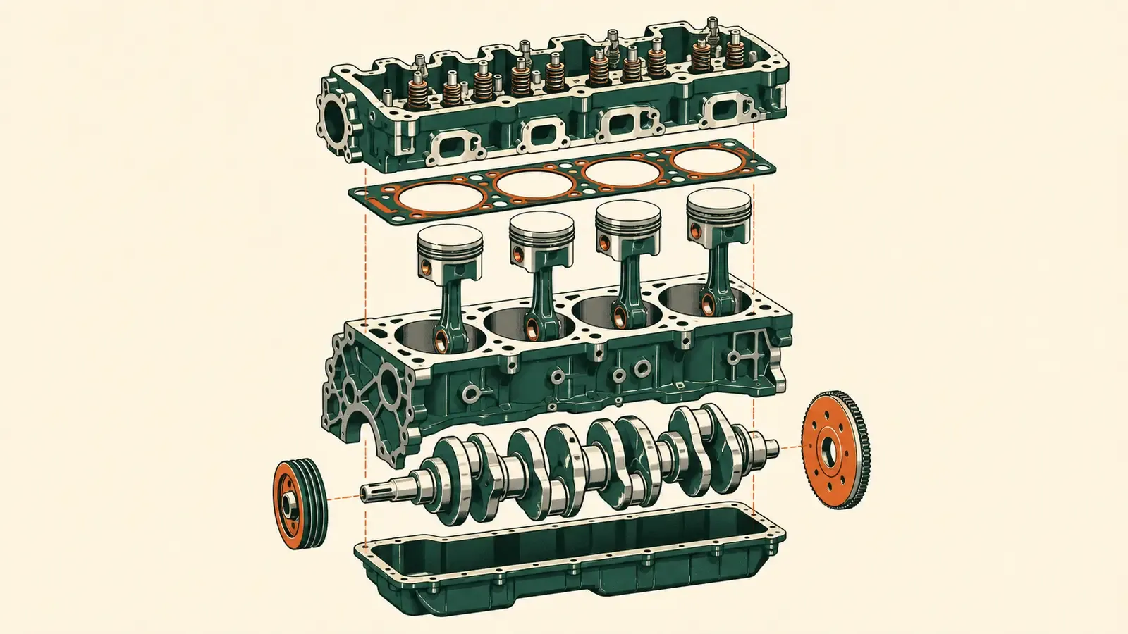 Flat technical illustration: an engine block cut away to show the internals, the components covered by engine repair and overhaul
