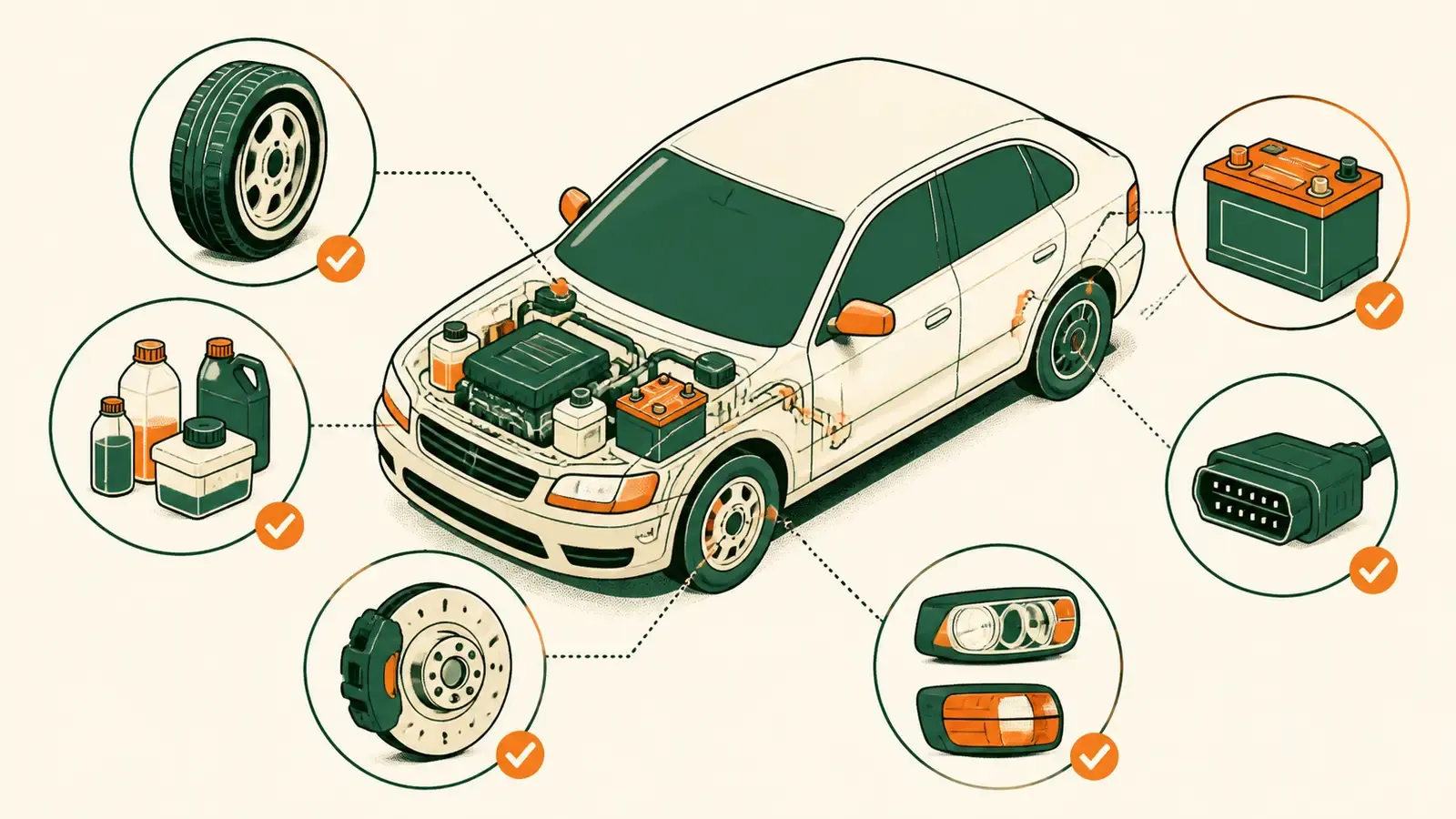 Flat technical diagram illustrating how to prepare your car for a long drive