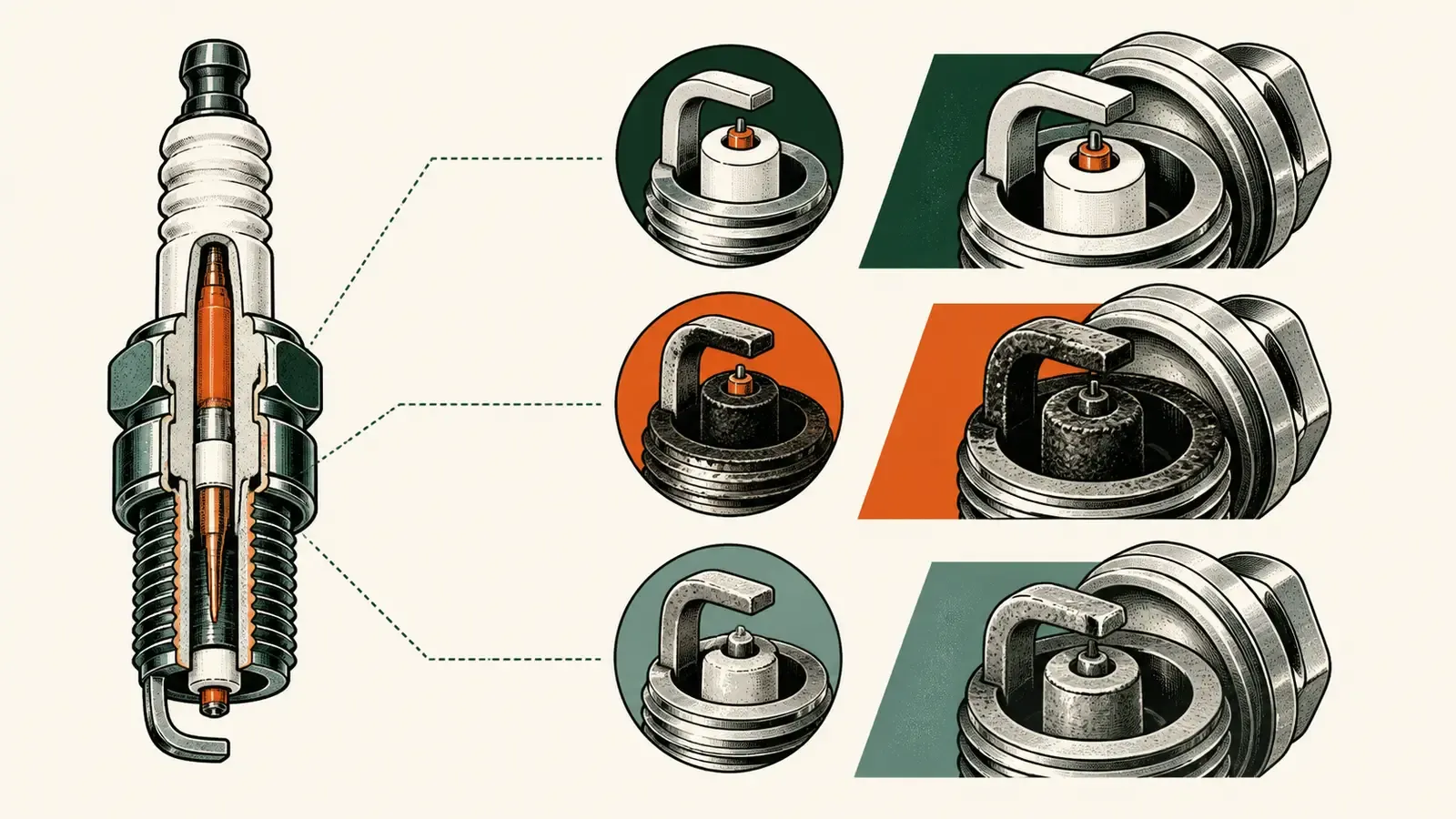 Flat technical diagram illustrating symptoms of spark plug problems