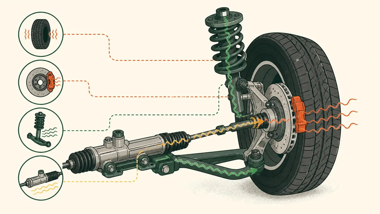 Flat technical diagram illustrating steering wheel vibration causes