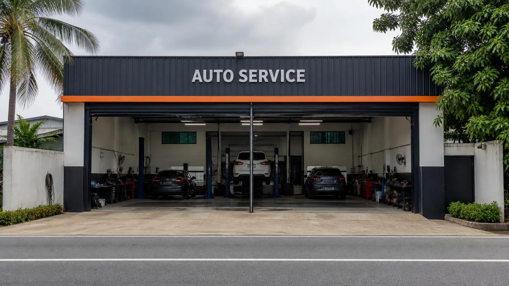 Workshop scene showing independent auto service storefront