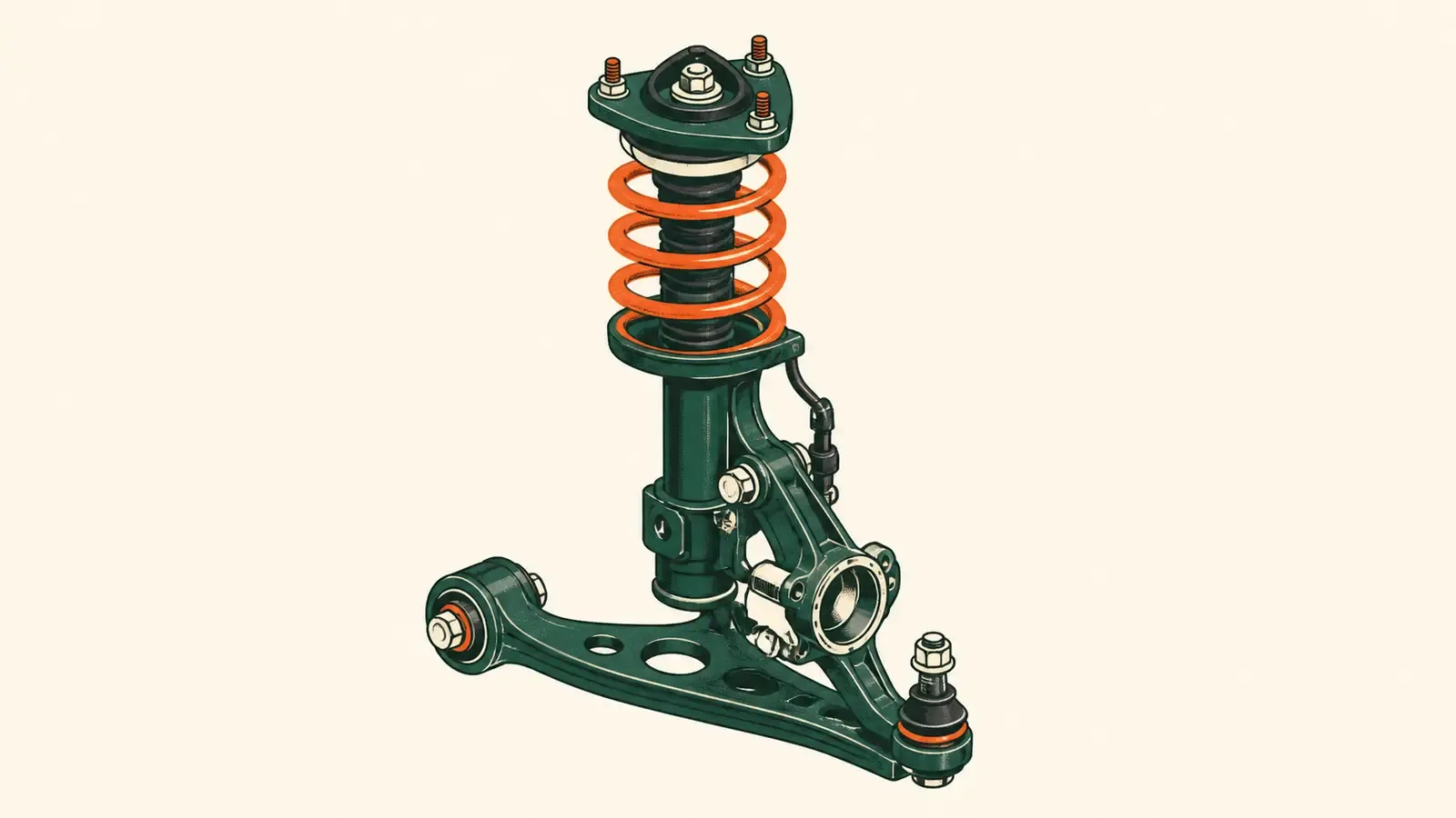 Flat technical illustration: a suspension strut with spring, damper and bushes, the components covered by suspension repair