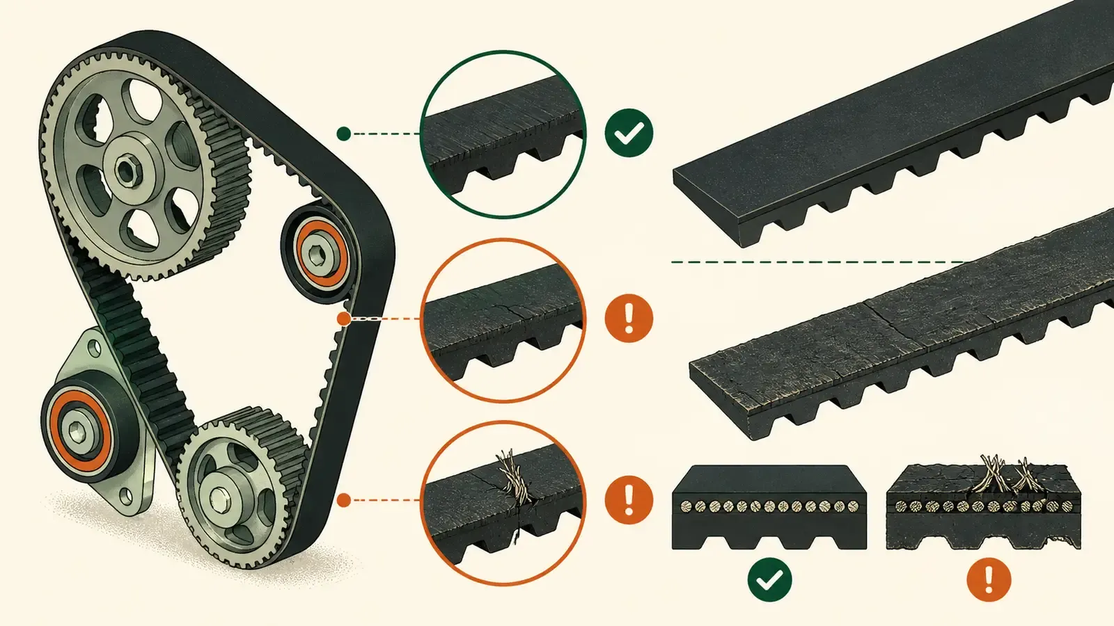 Flat technical diagram illustrating when should a timing belt be replaced