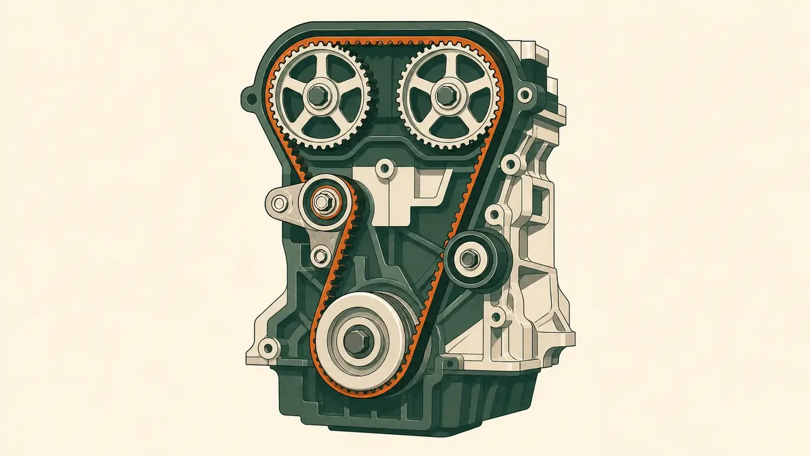 Flat technical illustration: a timing belt running over its pulleys and tensioner, the components covered by timing belt replacement