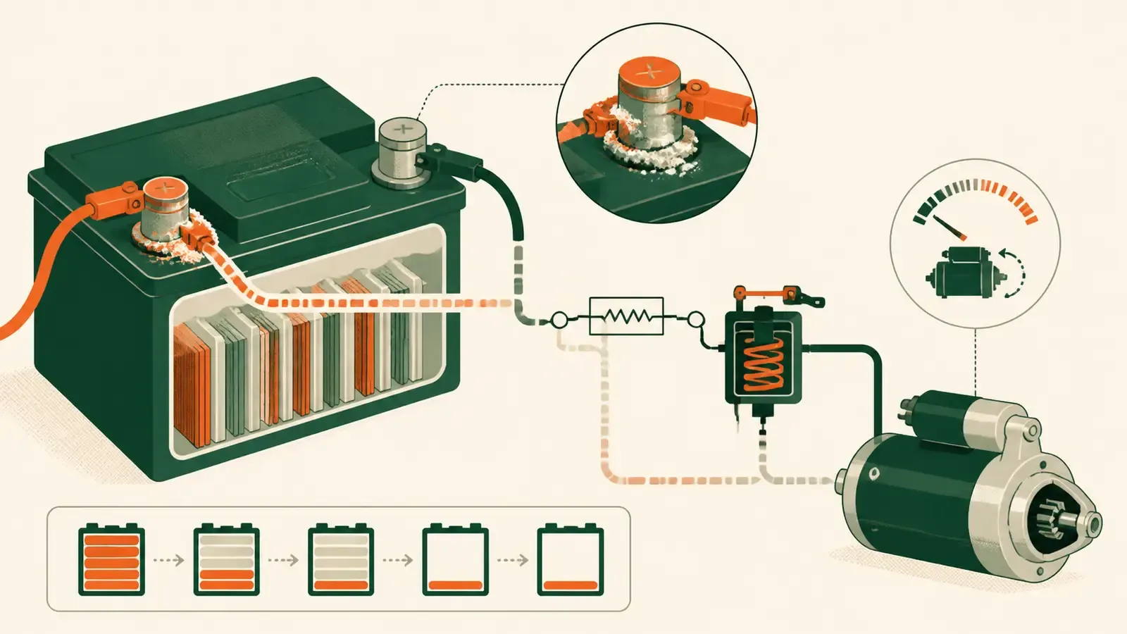 Flat technical diagram illustrating signs of a weak car battery