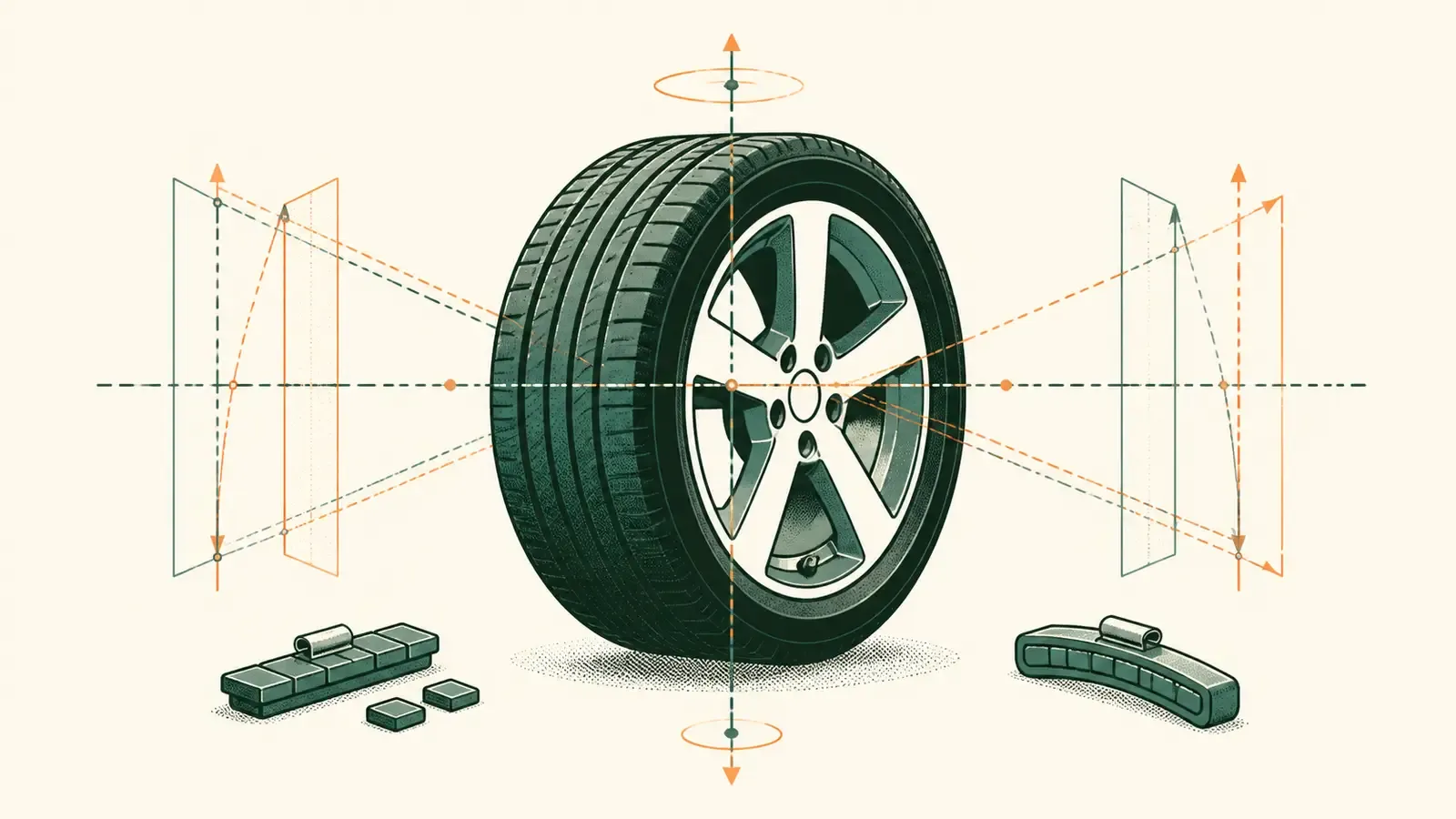 Flat technical illustration: wheel alignment angles shown on a set of wheels, the components covered by wheel alignment and balancing