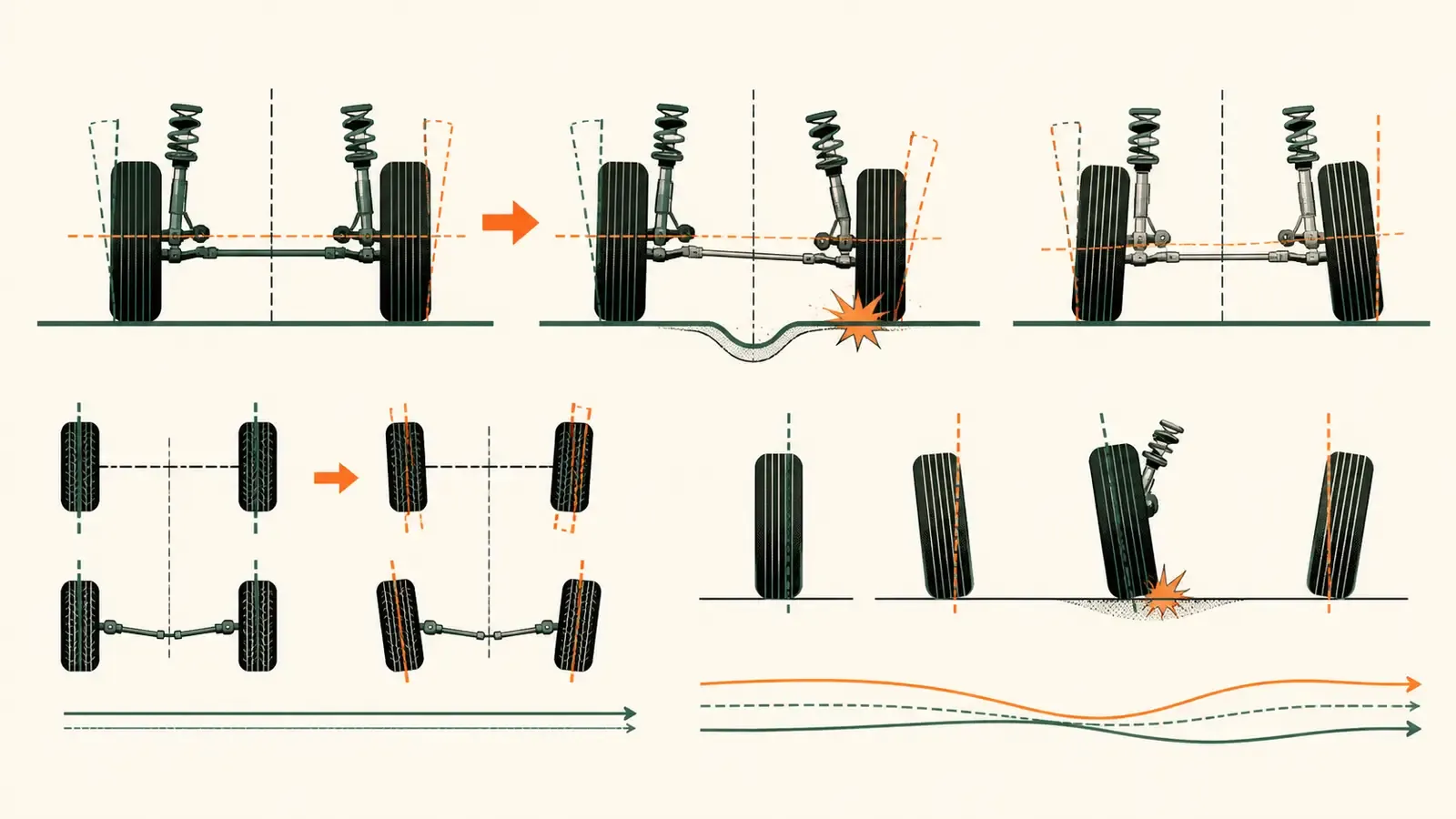 Flat technical diagram illustrating how often do you need wheel alignment