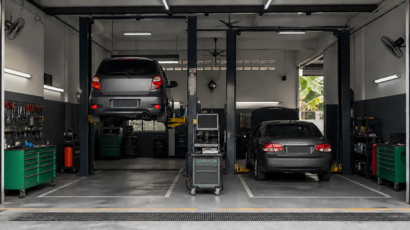 Workshop scene showing general view of an independent auto workshop