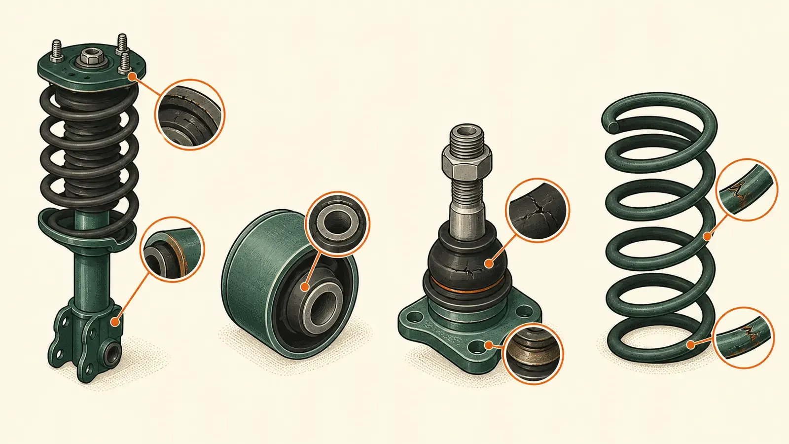 Flat technical diagram illustrating symptoms of worn car suspension