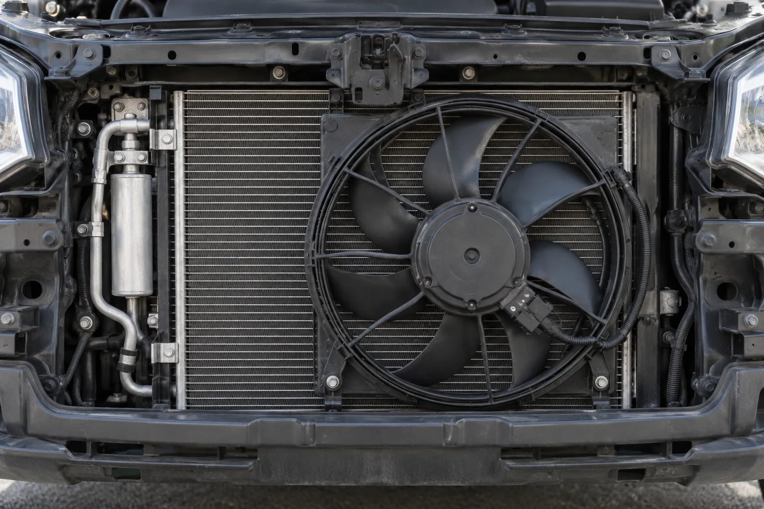Generic condenser and cooling fan assembly behind a front grille
