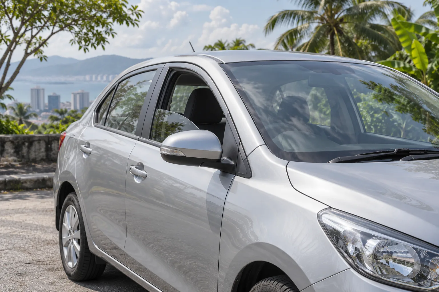 Generic compact car parked in tropical daylight