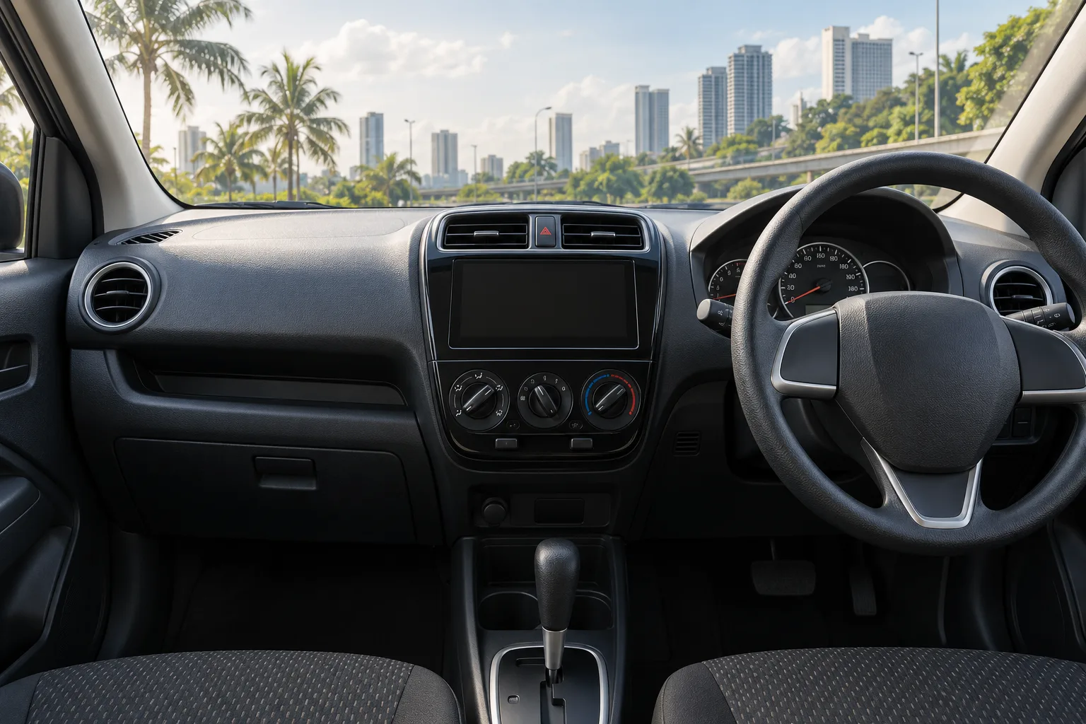Generic right-hand-drive climate controls inside a parked car