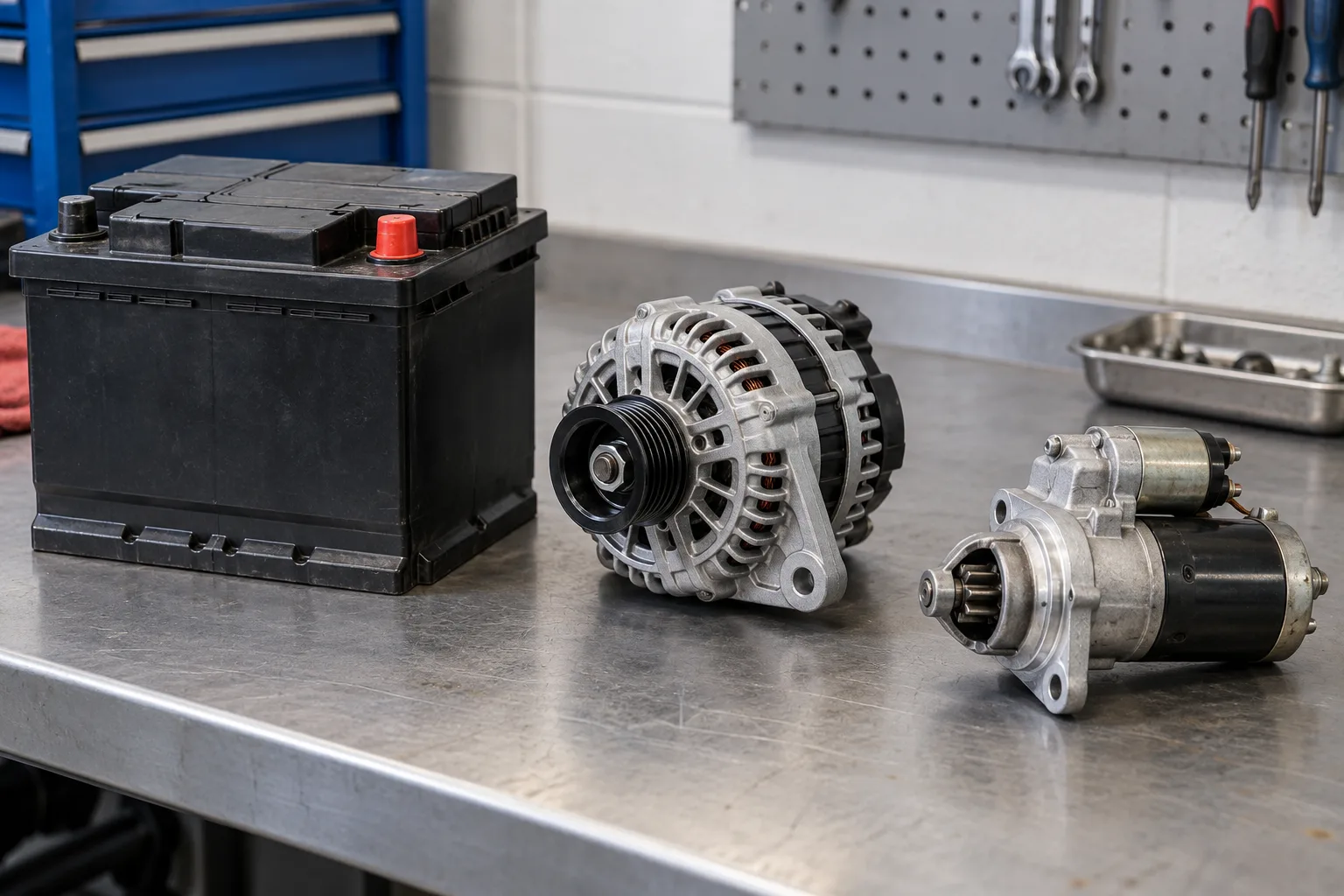 Generic battery, alternator and starter motor on a clean bench