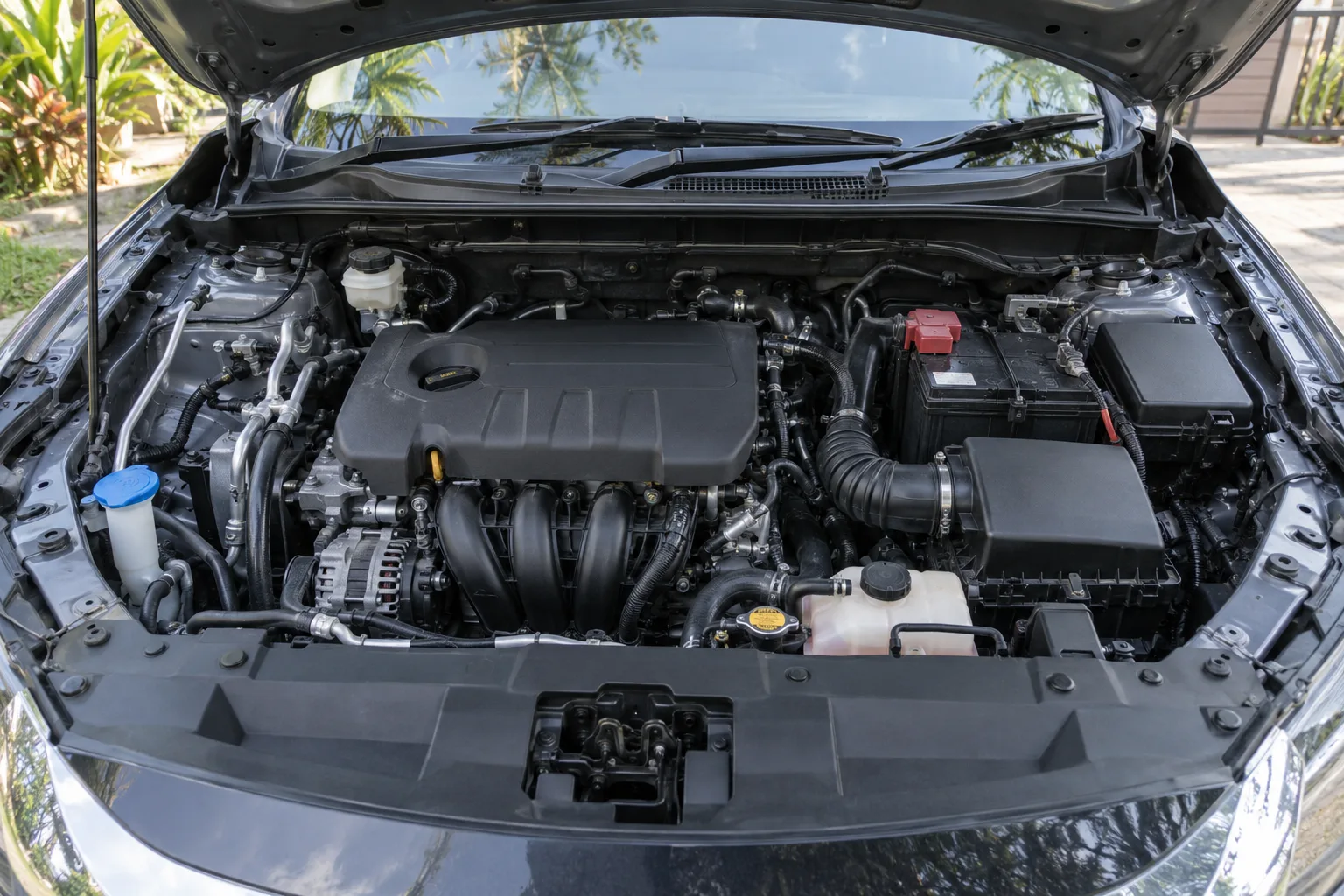 Generic stationary car engine bay viewed from above