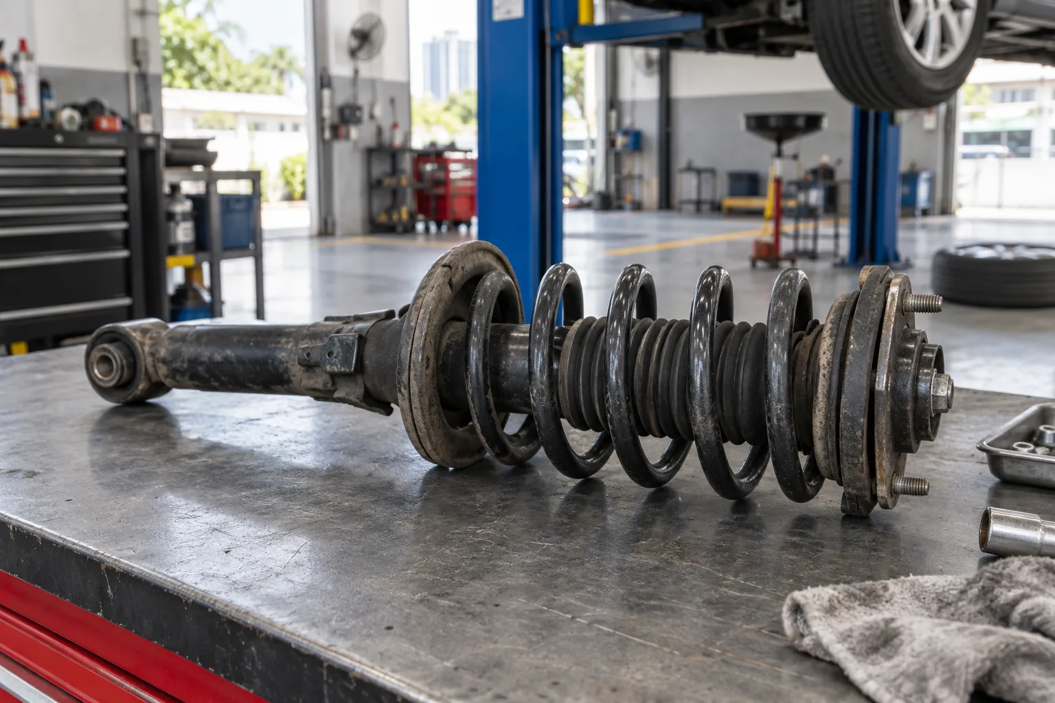 Strut suspensi generik di atas meja kerja bengkel