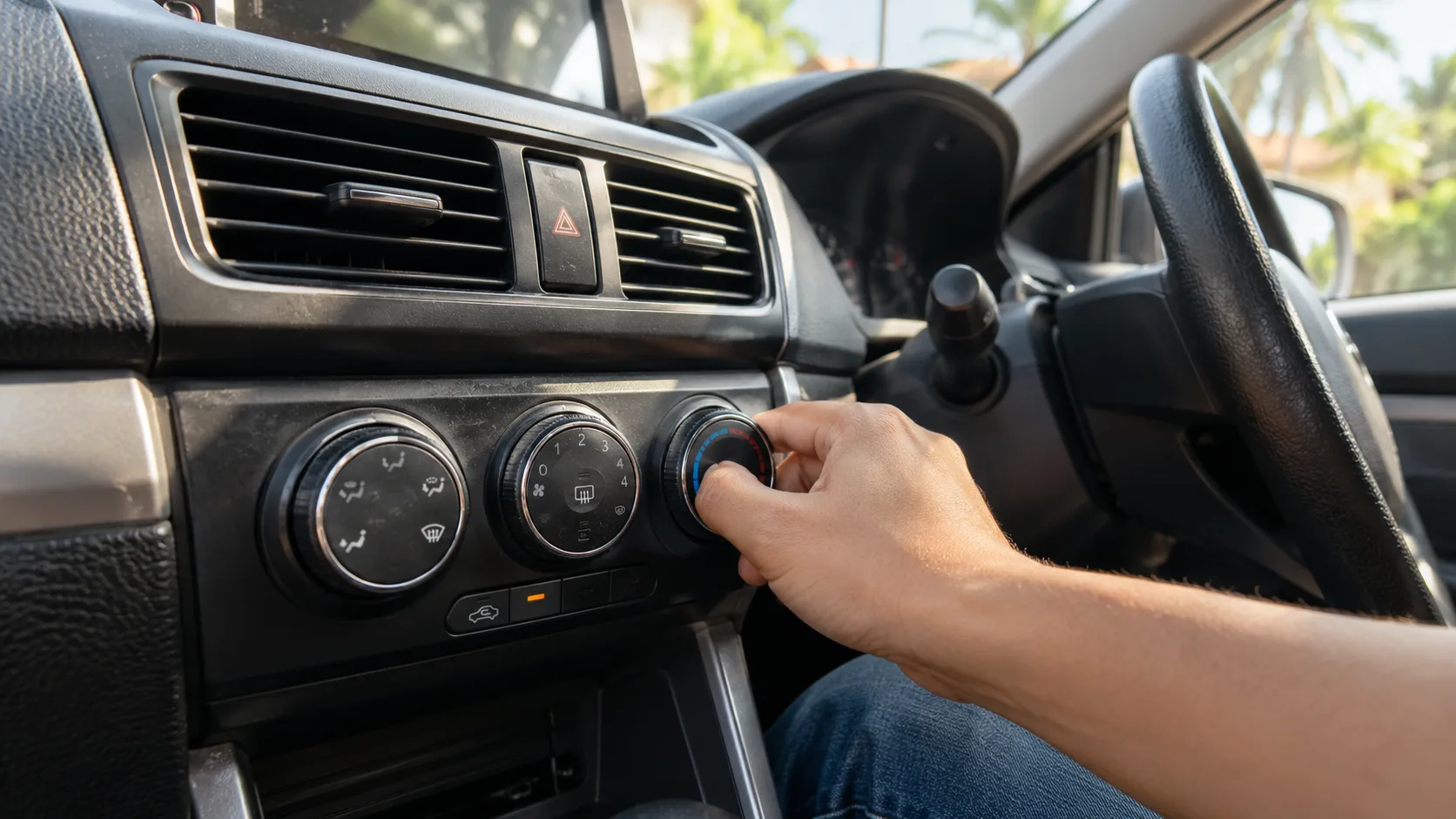 Tangan melaraskan kawalan suhu di sebelah corong udara sebuah kereta kompak generik