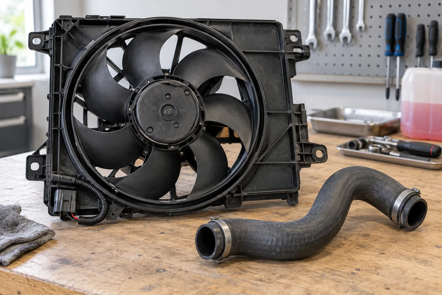 Generic radiator and cooling fan assembly inspected in a workshop