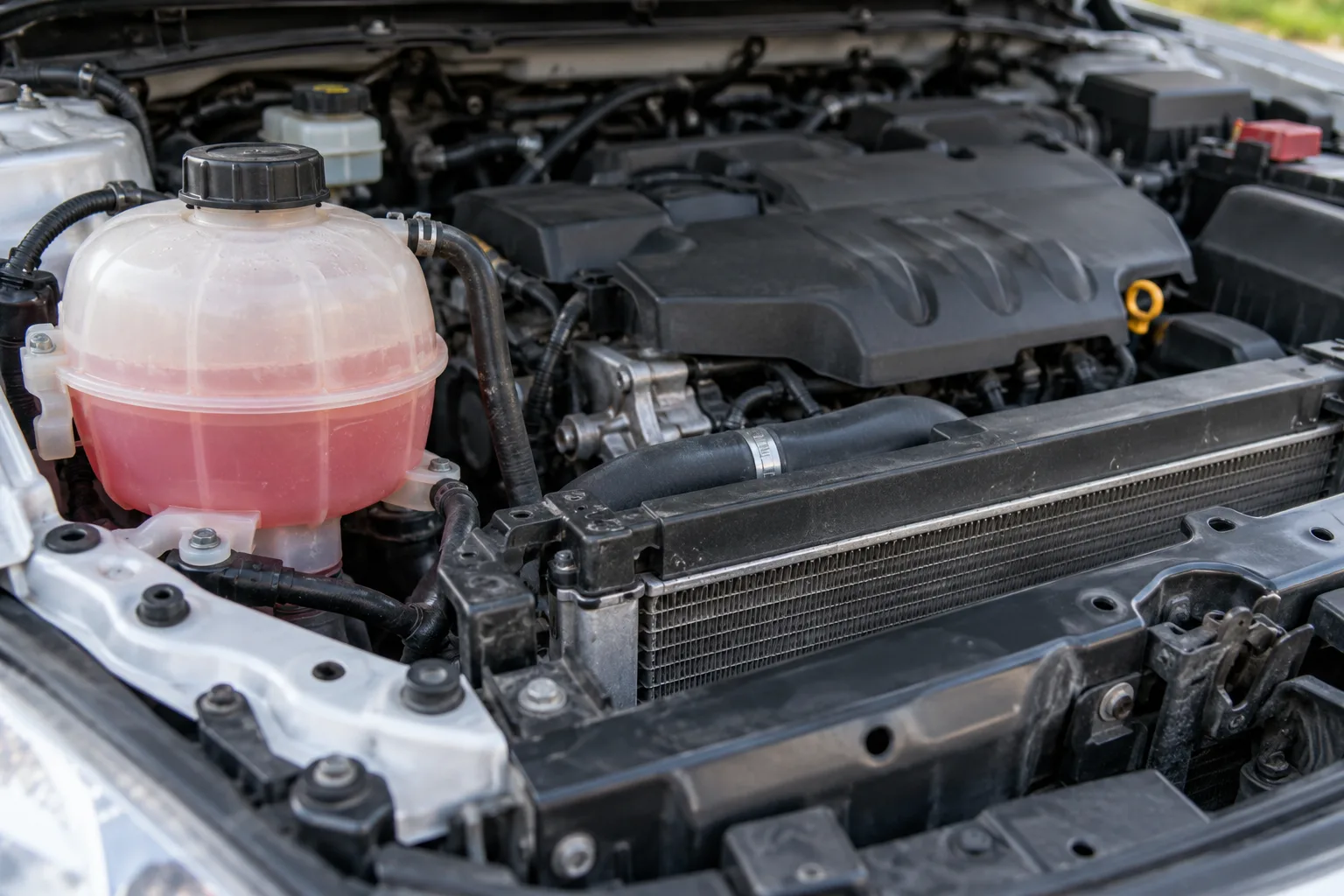 A generic cooled engine-bay coolant reservoir inspected from a safe position