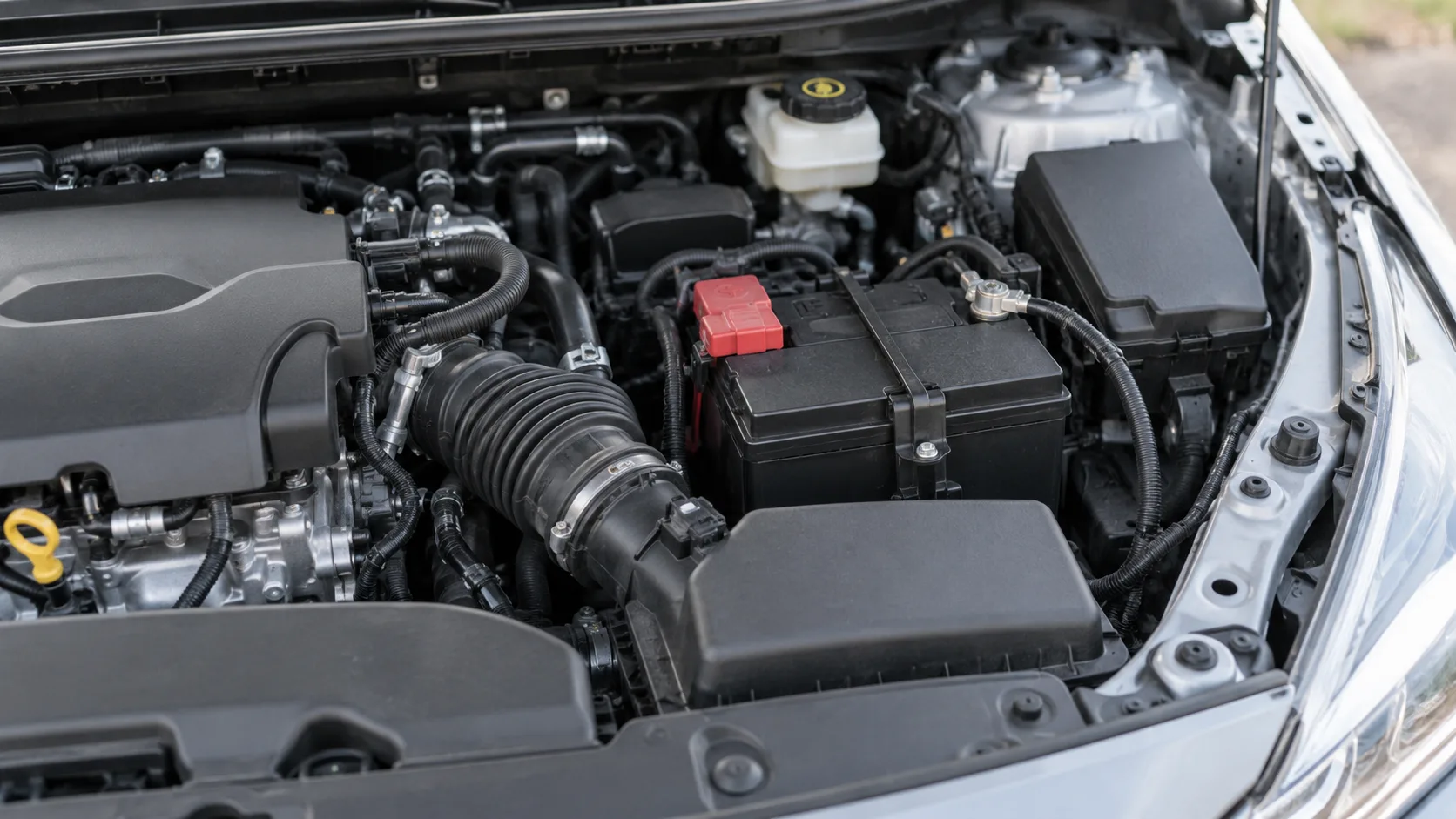 Battery secured in the engine bay of a generic car