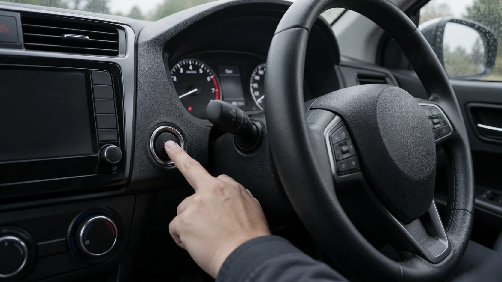 Driver pressing the start button in a generic right-hand-drive car