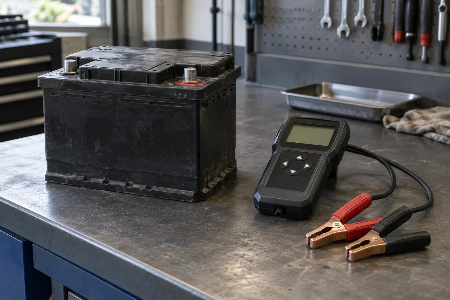 Generic battery and disconnected tester resting on a workbench