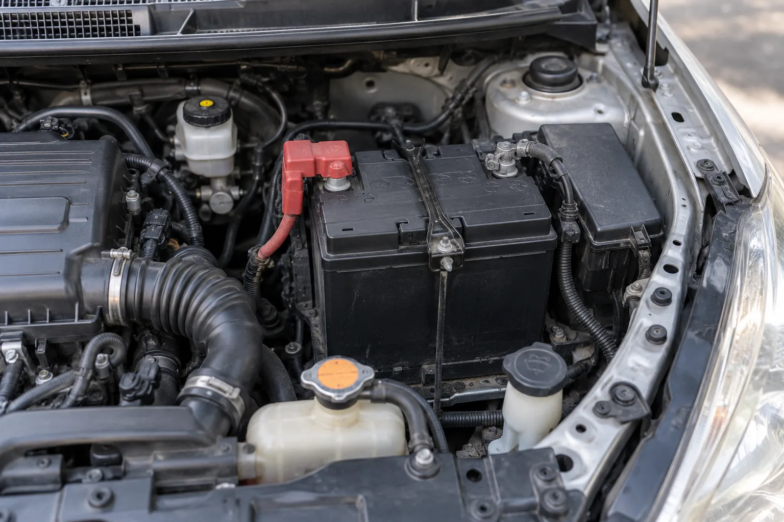 Generic securely mounted battery visible under an open car bonnet