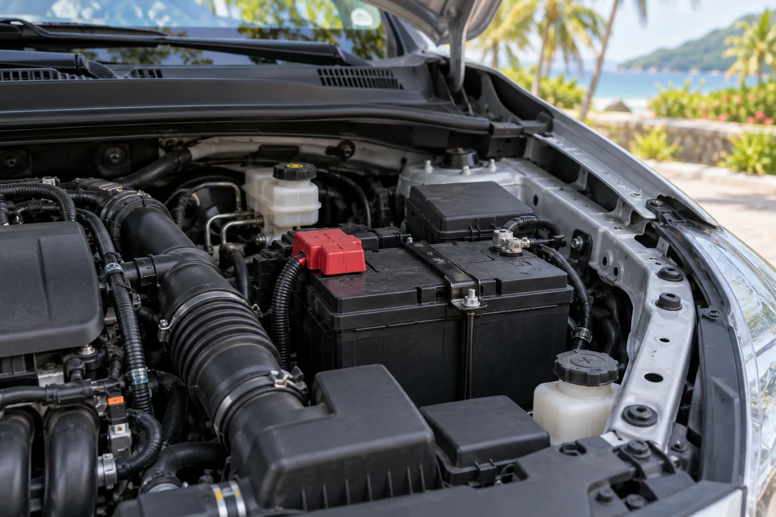 Generic 12-volt battery visible in a stationary car engine bay
