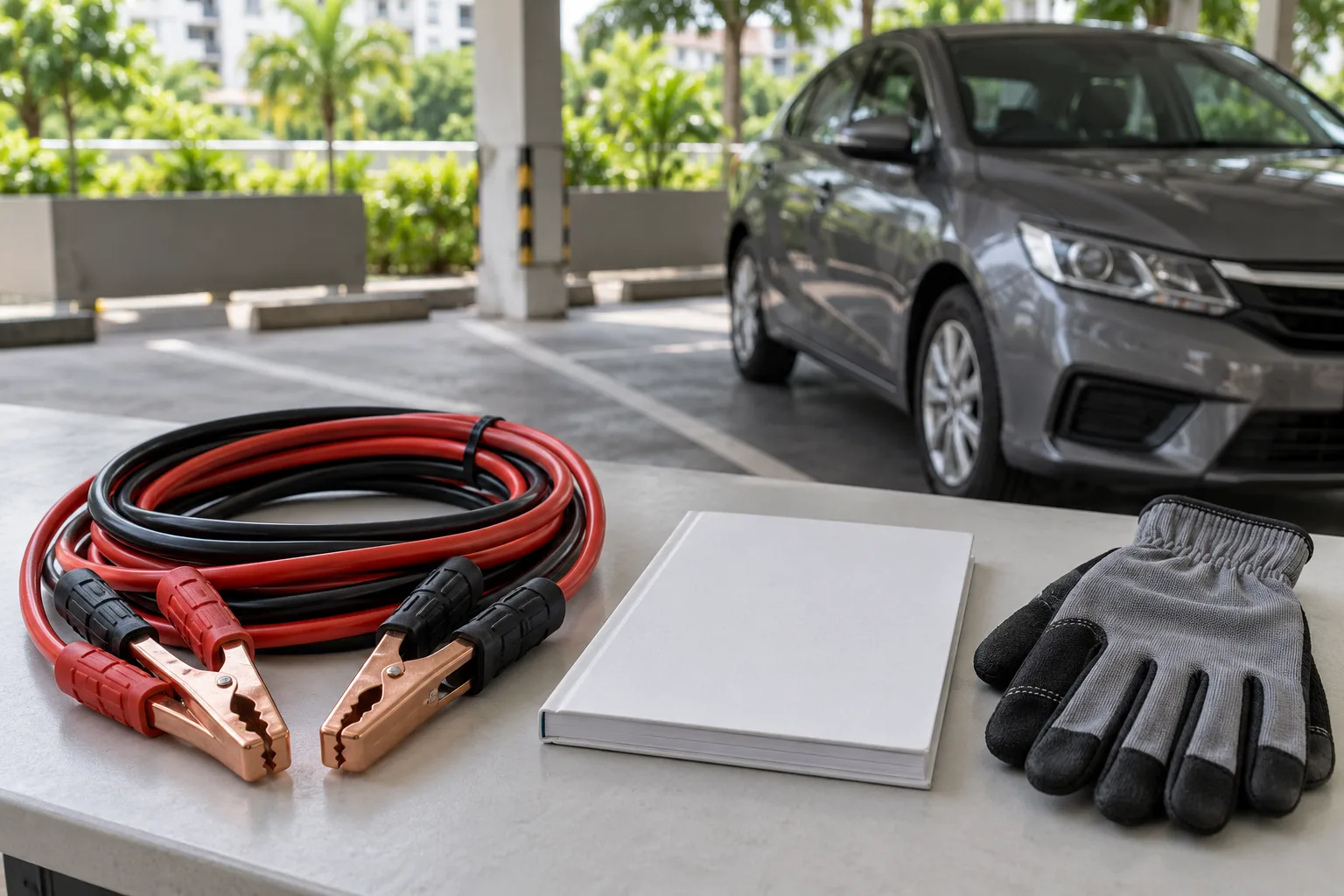 Unused jumper cables beside a generic vehicle manual