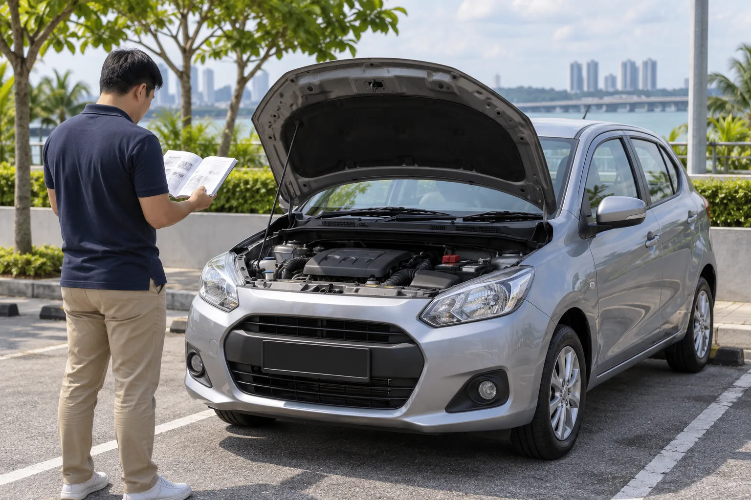 Owner reviewing an unbranded car manual beside a parked car
