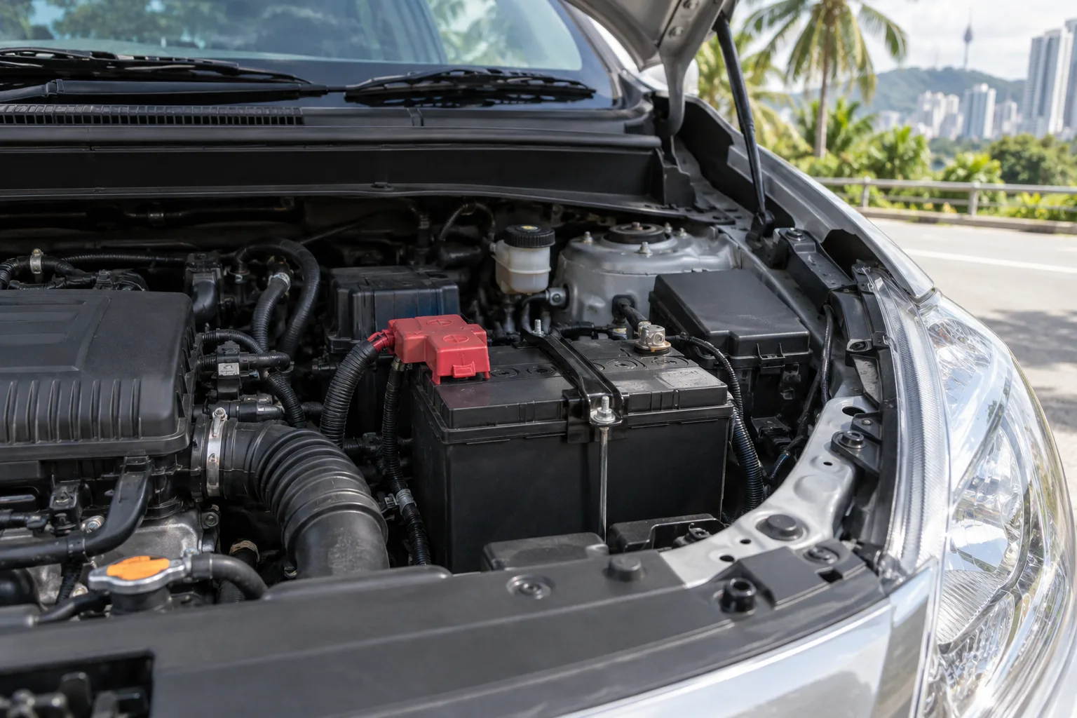 Generic 12-volt battery secured in a compact car engine bay