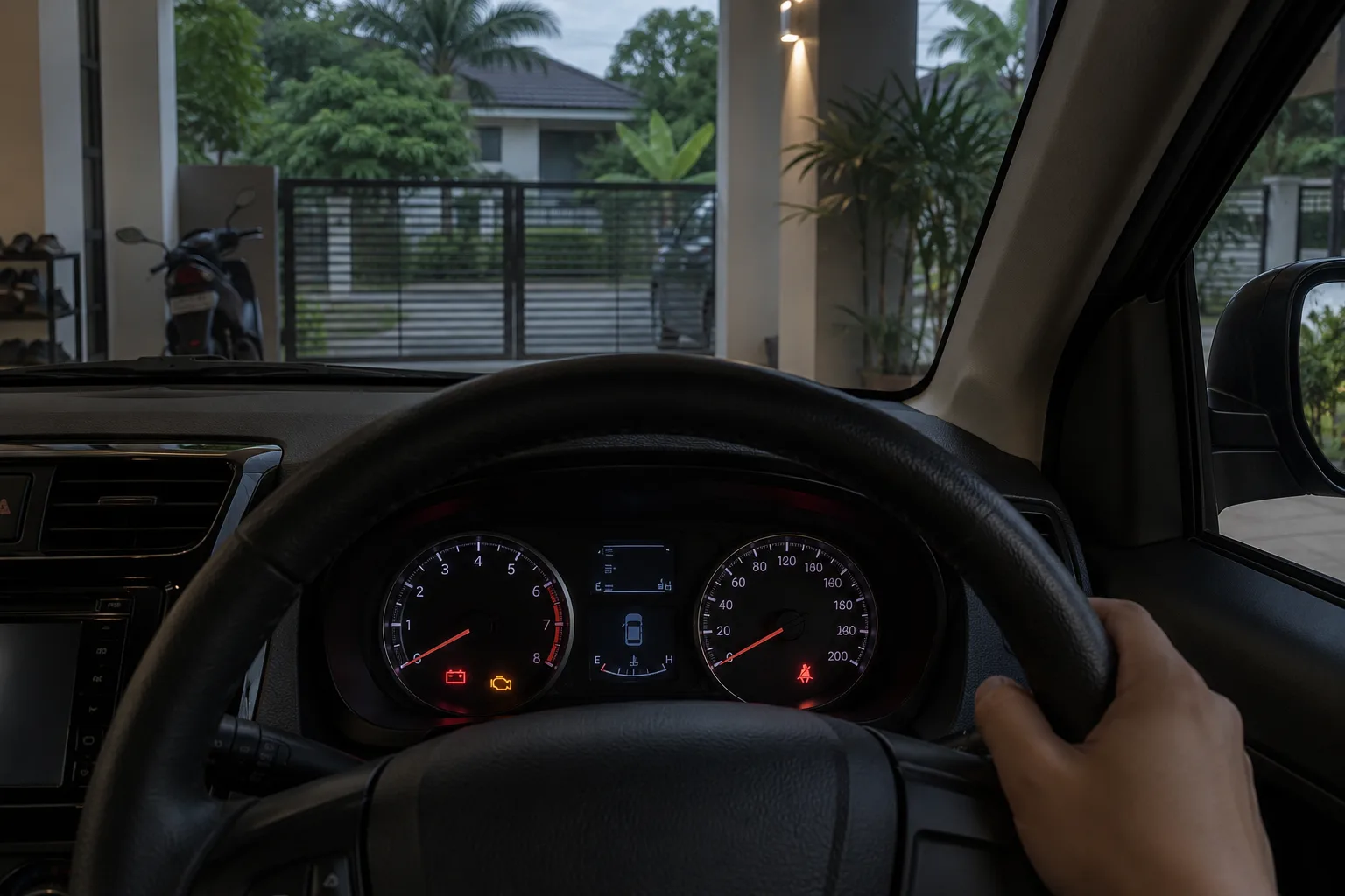 Generic right-hand-drive dashboard in a parked car